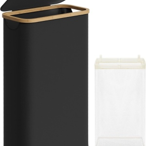 Cos pentru rufe Songmics, panza Oxford/bambus, negru/natur, 42 x 22,5 x 70,5 cm, 65L