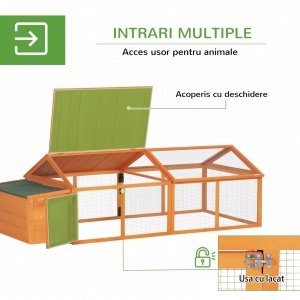 Cotet pentru gaini cu acoperis rabatabil si usa larga, lemn de brad/plasa metalica, 240x112.5x76 cm, streasina 49cm, cuib 37.5x93x43cm, usa 44x43cm, potrivit 4-8 gaini, portocaliu - Verificat A · Re-Bloom - Img 5