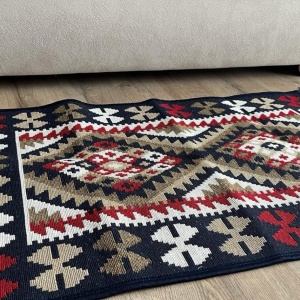 Covor traditional, cu doua fete,bleumarin-bej, dimensiunea 80x300 cm - Img 4