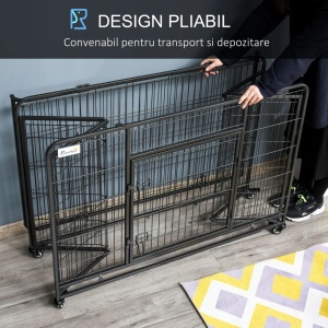 Cusca pentru caini pliabila cu roti si baza detasabila, metal/PP, 125x76x81 cm, tava 119x74x3 cm, usa frontala 54x56 cm, capacitate 80kg, gri inchis - Verificat A · Re-Bloom - Img 3
