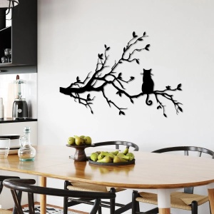Decor de perete Re-Bloom, model copac cu o pisica, metal, negru, 80 x 50 cm - Img 3