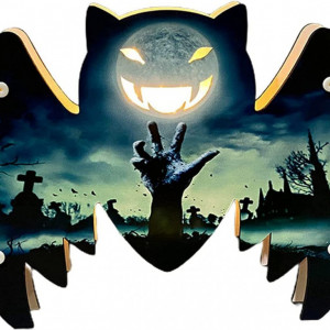 Decoratiune pentru Halloween, LED, model liliac, lemn, negru/albastru, 23,5 x 18 cm - Img 1