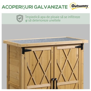 Dulap de gradina pentru unelte, lemn de molid/tabla zincata, 75x40x90 cm, 2 usi 31x76cm, 4 rafturi 34x30x20.5cm, compartiment stang 30x30x77cm, capacitate 10kg/raft, natural - Verificat A · Re-Bloom - Img 4