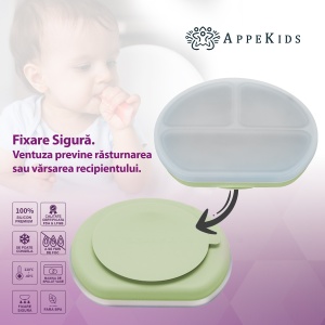 Farfurie compartimentata din silicon cu ventuza si capac, AppeKids - Raw Green - Img 3