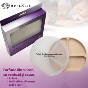 Farfurie compartimentata din silicon cu ventuza si capac, AppeKids - Bubble Beige - Img 2