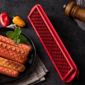 Feliator manual pentru hot-dog Qlplyzon, otel inoxidabil/plastic, rosu, 29,5 x 6,5 cm