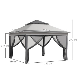Foisor cu plase reglabil 3 niveluri Re-Bloom, otel/Oxford/plasa, 326x326x272 cm, stresina 177 cm, pereti plasa 294x198 cm, 4 franghii+8 tarusi+geanta incluse, gri deschis/gri inchis - Verificat A · Re-Bloom - Img 2