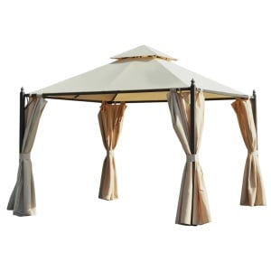 Foisor de gradina 3x3m cu acoperis dublu si 4 perdele laterale cu fermoar, fier/poliester PA hidrofug, 300x300cm, streasina 200cm/varf 270cm, 8 gauri drenaj, 8 tarusi inclusi, bej - Verificat A · Re-Bloom
