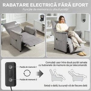 Fotoliu electric rabatabil cu telecomanda 80x83x104 cm, pozitie relaxata 80x170x67 cm, catifea 100% poliester, cadru otel, 135 kg, gri - Verificat A · Re-Bloom - Img 5