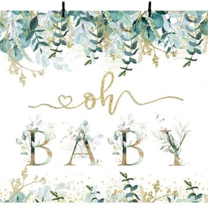 Fundal foto pentru Baby Shower Mehofond, vinil, alb/verde/auriu, 210 x 150 cm