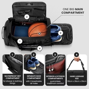 Geanta sport impermeabila pentru sala, cu compartiment pentru incaltaminte, 55x26x28 cm, 40l, Negru, Resigilat, Grad A - Img 4