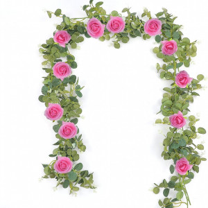 Ghirlanda artificiala cu trandafiri Homodeco, plastic/matase, verde/roz, 185 cm