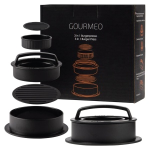 GOURMEO presa burger 3in1, chiftele mari Ø10.3cm/230g + mici Ø7.3cm/120g + umplute, placa baza detasabila, antiaderenta, 50 coli hartie incluse, negru - Verificat A · Re-Bloom