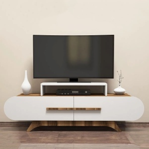 Hanah Home comoda TV 145x36.8x49.8 cm, PAL 18mm melaminat, rafturi 70x30x11 cm, nuc si alb - Verificat A · Re-Bloom - Img 2