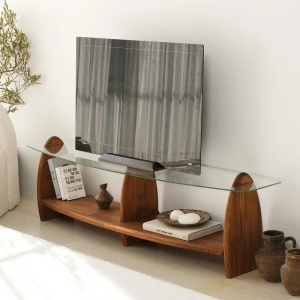Hanah Home comoda TV living 160x35x45 cm, rafturi sticla securizata 100%, cadru pin masiv 100%, castan transparent - Verificat A · Re-Bloom - Img 3