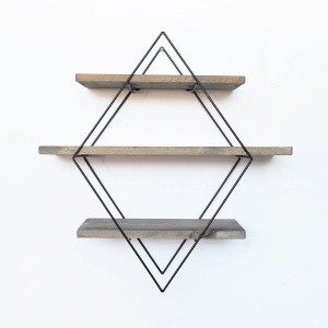 Hanah Home etajera de perete decorativa 60x60x14 cm, lemn de molid 100% lucrat manual, cadru de metal, nuc si negru - Verificat A · Re-Bloom - Img 4
