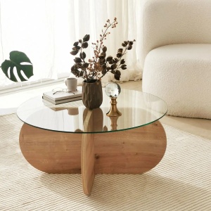 Hanah Home masa de cafea rotunda 75x75x35 cm, blat din sticla calita 100%, cadru PAL 18mm, stejar safir - Verificat A · Re-Bloom - Img 2