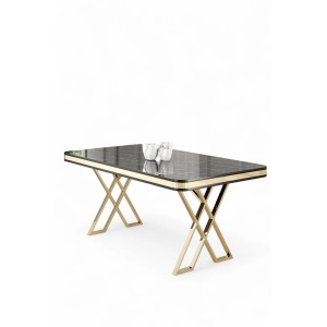 Hanah Home masa dining 130x80x74 cm, blat panou lacuit 100%, picioare metal, marmura neagra si auriu - Verificat A · Re-Bloom