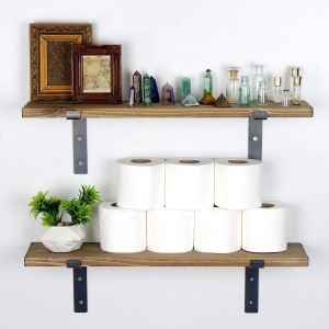 Hanah Home set 2 rafturi de perete 60x16x14 cm, lemn de molid 100% lucrat manual, suporti de metal, negru si nuc - Verificat A · Re-Bloom - Img 4