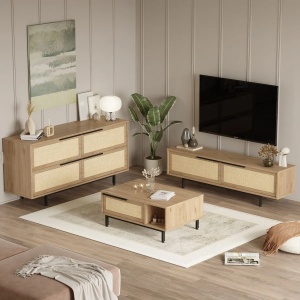 Hanah Home set 3 piese living, comoda TV 160cm, masuta cafea 90cm, comoda 160cm, PAL 18mm, imprimat UV, picioare metal, stejar - Verificat A · Re-Bloom