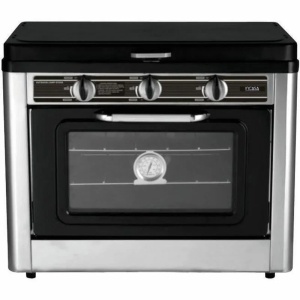 Infinity Line aragaz pe gaz cu cuptor otel inoxidabil, 53.5x30.5x46cm, 15.8kg, cuptor 25L max 250°C, consum 312g/h, racord G1/2 inclus, design compact camping/uz casnic - Verificat A · Re-Bloom