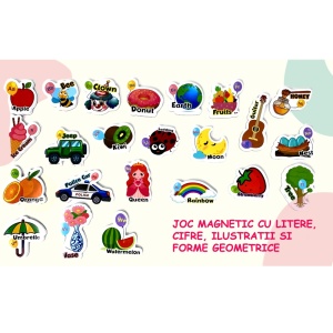 Joc magnetic STEM 210 piese cu litere, cifre, ilustratii si forme geometrice, 1 plansa magnetica fata-verso si 2 saculeti de depozitare, +3ani, WW3037