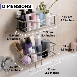 KINCMAX set 2 rafturi de baie, otel inoxidabil 304, raft 1: 31.5x11.9x12.9 cm + raft 2: 32x14x12.9 cm, 9kg/raft, 4 carlige mobile, drenaj optimizat, argintiu - Verificat A · Re-Bloom - Img 2