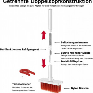 Kit 5 in 1 pentru curatare tastatura/casti Butic YI, plastic/burete/nailon, rosu/alb - Img 5