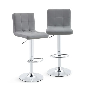 Kiwari Lior set 2 scaune bar reglabile, sezut PU/spuma, baza rotativa crom, 38x34cm, inaltime 87-107cm, sezut 59-79cm, capacitate 120kg, design modern, gri - Verificat A · Re-Bloom