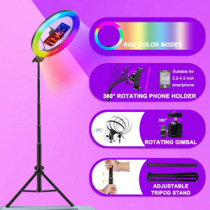 Lampa cu lumina inelara si trepied pentru fotografiere Feicuan, Bluetooth, USB, RGB, 26 cm - Img 8