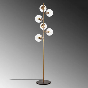 Lampadar Thilebrook, 6 lumini, metal/sticla, auriu/transparent/negru, 163 x 22 x 35 cm