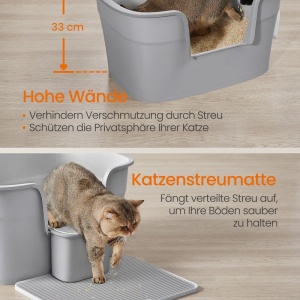 Litiera cu margini inalte pentru pisici Feandrea, plastic, gri, 64 x 44 x 33 cm, Resigilat, Grad A - Img 2