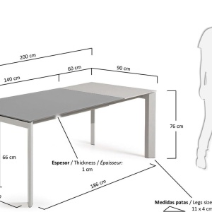 Masa extensibila Axis, sticla/MDF/otel, gri, 140-200 x 90 x 76 cm