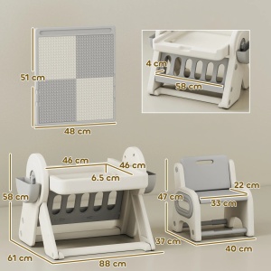 Masa multifunctionala pentru copii cu raft, sertare si tabla, HDPE/PP, masa 88x61x58cm + scaun 40x37x47cm, varsta 2-4 ani, capacitate 10kg masa/30kg scaun, 2 cutii depozitare incluse, gri/alb - Verificat A · Re-Bloom - Img 6