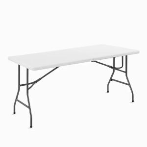 Masa plianta 150x70 cm – Masa dreptunghiulara pentru evenimente si catering, design pliabil cu maner de transport, picioare metalice rezistente, blat HDPE, alb, Resigilat, Grad A