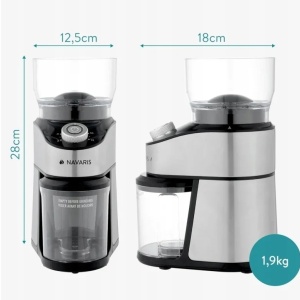 Navaris rasnita electrica cafea cu bavura conica, ABS/otel inoxidabil, 18x12.5x28 cm, discuri slefuit inox, argintiu/negru - Verificat A · Re-Bloom - Img 5