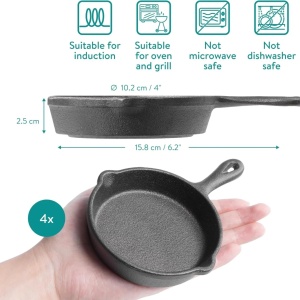Navaris set 4 mini tigai fonta + 4 suporturi lemn mesteacan, Ø10.2x2.5cm, 426g/tigaie, compatibile inductie/cuptor/gratar, pretratate ulei soia, negru - Verificat A · Re-Bloom - Img 3
