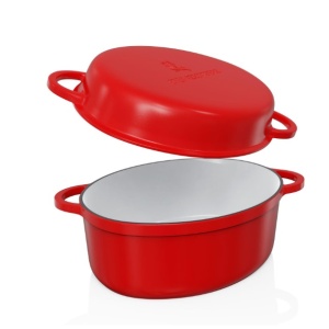 Oala cu capac Steinzeitwerk din fonta emailata, 6 l, 8kg, 2in1, pentru cuptor, plita, gaz, electric, cu inductie, ovala, 35x25x17 cm, Rosu