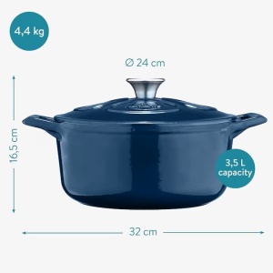 Oala fonta emailata Navaris, albastru, cu capac, pentru cuptor, plita, gaz, electric, cu inductie, cu infrarosu, 24 cm, 3.5 l, Resigilat, Grad B - Img 3