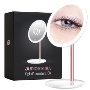 Oglinda cosmetica marire 10X cu led, Judios®MIRA, 30 LED-uri, 3 tipuri de lumina, intensitate reglabila, Touch Switch, rotire 360º, oglinda lupa magnificare 10X, 1200mAh, Alb