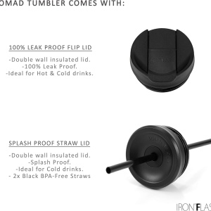 Pahar din otel inoxidabil IRON °FLASK, cu pai si 2 capace, izolat, rece 20 ore / cald 5 ore, negru, 830 ml - Img 2