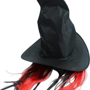 Palarie  cu peruca pentru  Halloween Hooin, textil, negru/rosu, 87 x 42 cm 