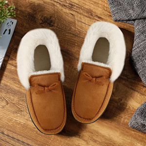 Papuci de iarna cu blana Mishansha, textil/cauciuc, maro/alb, 40 - Img 2