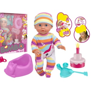 Papusa bebelus 30 cm, Globo Bimbo, cu pijama multicolora unicorn si caciulita, tort aniversar cu lumini si melodie specifica, accesorii hranire, biberon si olita incluse