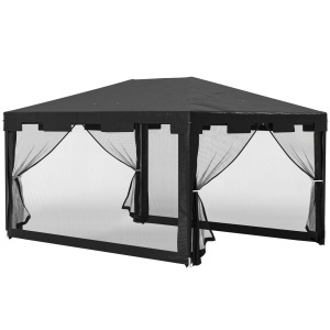 Pavilion pliabil 4x3 m cu plasa tantari 395x295 cm, inaltime 255 cm, 4 pereti plasa, 2 usi fermoar, metal vopsit pulbere, PE rezistent UV, gri inchis - Verificat A · Re-Bloom