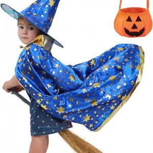 Pelerina cu palarie si cosulet de Halloween pentru copii GugnRyAc, poliester, albastru, 80 cm