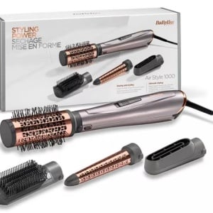 Perie cu aer cald Babyliss Air Style AS136E, 1000 W, invelis ceramic, 2 trepte de temperatura, 4 accesorii, gri, Resigilat, Grad A