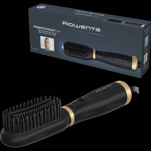 Perie de uscat si indreptat parul cu aer cald 2 in 1 Rowenta Powerstraight Air UB5920F0, 500W, 3 trepte de caldura/aer, invelis ceramic, generare ioni, negru & auriu, Resigilat, Grad A