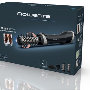 Perie rotativa cu aer cald Rowenta Brush Activ UB9530F0, 1000W, 2 trepte de viteza/temperatura, 2 perii rotative 40/50mm, concentrator aer, husa inclusa, functie jet de aer rece, generator de ioni, invelis ceramic, negru & argintiu, Resigilat, Grad A