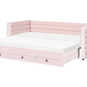 Produs Resigilat Canapea extensibila cu depozitare Re-Bloom Meudon, catifea/placaj/MDF, 235x105-180x75 cm, somiera 16 lamele, suprafata dormit 90-180x200 cm, 150 kg, roz pastel - Verificat A - Img 1